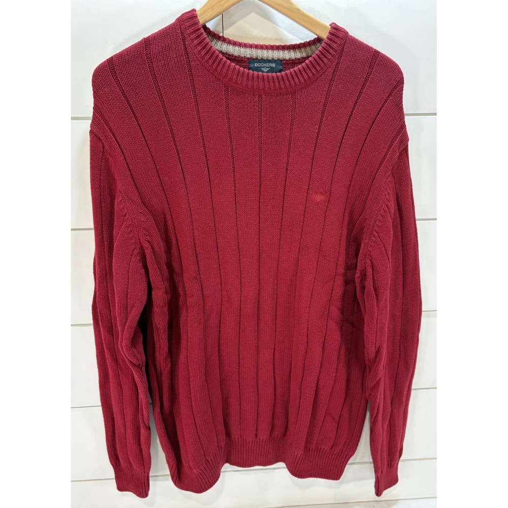 Dockers Sweater Men's Large L Red Crewneck Knit Pullover Vertical Ribbed Logo